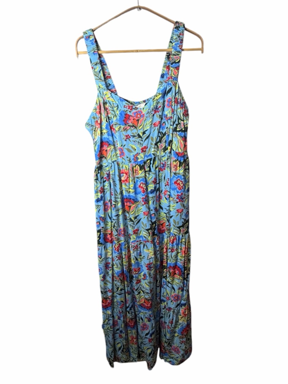 Terra & Sky Blue Floral Maxi Dress with Red and Yellow Accents. Size 14W.